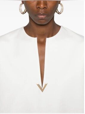 Valentino White Long-Sleeve V-neck Shirt with Gold V Detail